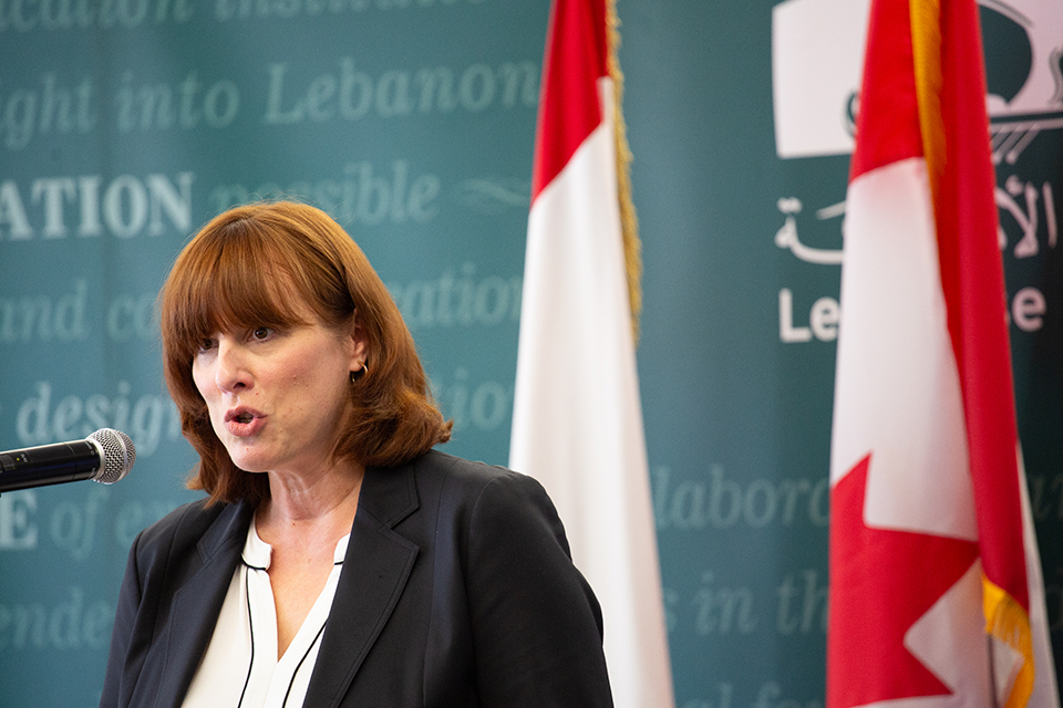 H.E. Stefanie McCollum, the Ambassador of Canada to Lebanon presents speech during the launching event. Photo: UN Women/ Lauren Rooney
