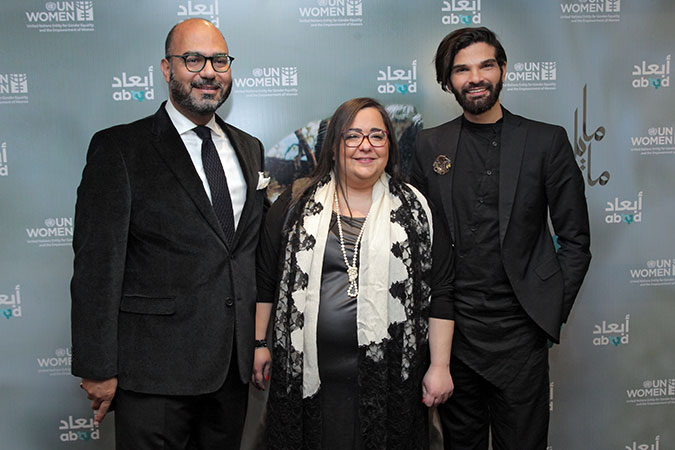 UN Women Regional Director for Arab States Mohammad Naciri, ABAAD Director, Ghida Anani, and musician Mike Massy at the National Concert event in Beirut Lebanon which featured the launch of Massy’s song “Kermali” which was produced with the participation of women survivors of violence. Photo: UN Women